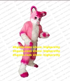 Roze lange pur harige husky honden mascotte kostuum vos wolf fursuit volwassen stripfiguur teken cartoon kleding uitvoer acteren zz7679