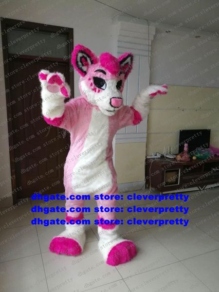Pink Long Fur Furry Wolf Mascot Disfraz Fox Husky Dog Fursuit Cartoon Adulto Nuevo Producto Introducción a la moda ZX1426