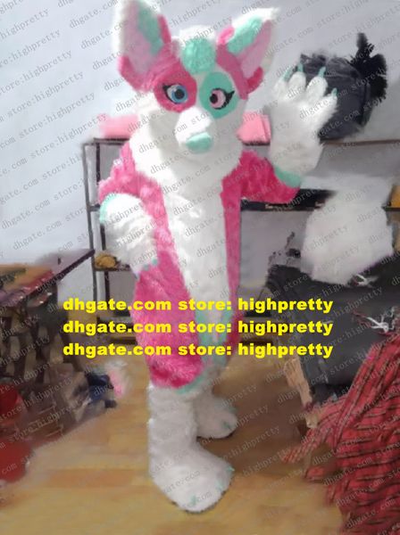 Costume de mascotte de chien Husky en fourrure longue rose, Costume de loup, tenue de personnage de dessin animé pour adulte, Souvenir commémoratif du méga-événement zz9542