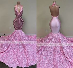 Lange Prom Jurken Mermaid 2022 Zwarte Meisjes Pailletten Sexy Backless Halter 3D Bloemen Afrikaanse Vrouwen Formele Avond Party Jurken