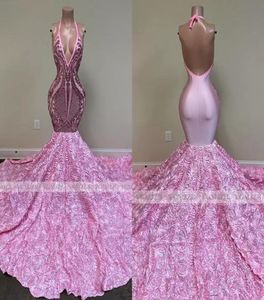 Pink Long Prom -jurken Mermaid 2022 Zwarte meisjes pailletten sexy backless halter 3d bloemen Afrikaanse vrouwen formele avondfeestjurken1284908