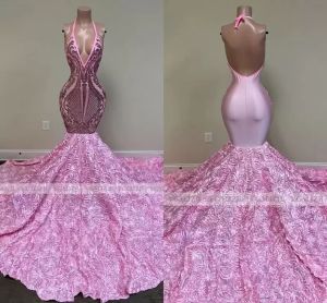 Roze lange prom jurken zeemeermin zwarte meisjes pailletten sexy backless halter 3d bloemen Afrikaanse vrouwen formele avondfeestjurken 2023