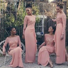 Roze lange mouw 2017 kralen kanten top chiffon prom party pick-up bruidsmeisje jurken avondjurken batau halslijn 0510