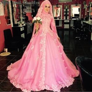 Roze lange mouwen hoge nek kant applicaties trouwjurk islamitische hijab bruids dragen trouwjurk SA6297 briljante moslim hijab trouwjurk