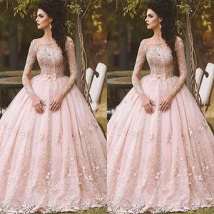 Roze Galajurken Met Lange Mouwen Baljurk Kant Geappliceerd Strik Doorzichtige Hals 2022 Vintage Sweet 16 Meisjes Debutantes Quinceanera Jurk Eve300Q