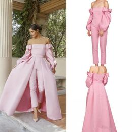 Combinaison de bal rose à manches longues avec train détachable sur l'épaule bouffante manches longues robe de soirée deux pièces avec costume pantalon