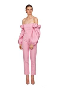Roze gala-jumpsuit met lange mouwen en afneembare trein off-shoulder gezwollen lange mouwen tweedelige avondjurk met broek Suit256h