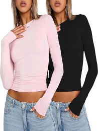 Camiseta rosa de manga larga para mujer, camisetas blancas bonitas de primavera 2024, Top corto para mujer, Camiseta básica informal Sexy con cuello redondo Y2K de Corea para verano