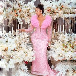 Roze lange mouwen avondjurken met pure halslijn schep ruches zeemeermin prom jurk sexy Afrikaanse vrouwen beroemde optocht jurk 322