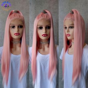 Perruque Lace Front Wig synthétique lisse et longue rose, perruque brésilienne sans colle avec raie centrale résistante à la chaleur pour femmes, Cosplay/quotidien/fête