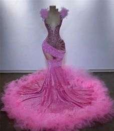 Robe De Bal longue rose en forme de cœur pour filles noires, tenue De fête d'anniversaire en cristal perlé, à paillettes, en plumes