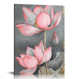 Pink Lotus Flowers Tolevas Art élégant Eauter Lily Paint Floral PEINTURES IMPRESSIONS ASIAN ATTROUILLE DE STYLE ASIAN