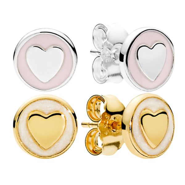 Pink Love Heart Disc Stud Pendientes Plata de ley 925 Joyas de diseñador para mujer con caja original Para pandora Chapado en oro amarillo Novia Regalo Pendiente