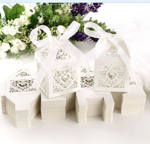 Love Heart Laser Cut Candy Favor Holders Gift Boxes Chocolate Present Bridal Birthday Bomboniere box with Ribbons country wedding gifts souvenirs Ivoire Rose