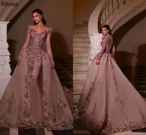 Vestidos de desfile de noche con cuentas de encaje de lentejuelas de lujo rosa con tren desmontable Cuello escarpado Mangas largas Dubai Árabe Pakistán Sirena Vestidos de fiesta de graduación CL1689