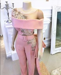 Robe de soirée de luxe rose, combinaison avec longue traîne, col transparent, perles en cristal, arabe dubaï, pantalon de bal, costume 307P
