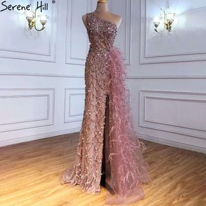 Roze luxe één Shouder Split Evening Desse Elegante zeemeermin Beading -jurken Veren voor vrouwenfeest