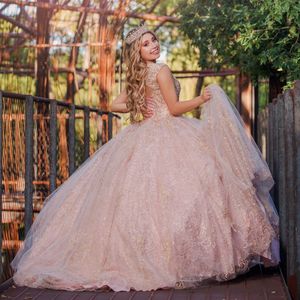 Roze Luxe Glanzende Baljurk Quinceanera Jurken 2024 Pailletten Kralen Crytal Applique Vestidos De 15 Anos Verjaardag Lace-Up