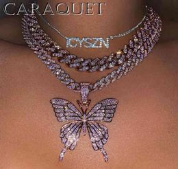 Collier ras du cou de luxe rose scintillant en cristal papillon Cuba pour femmes Bling multicolore strass gros Punk HipHop bijoux 9491986