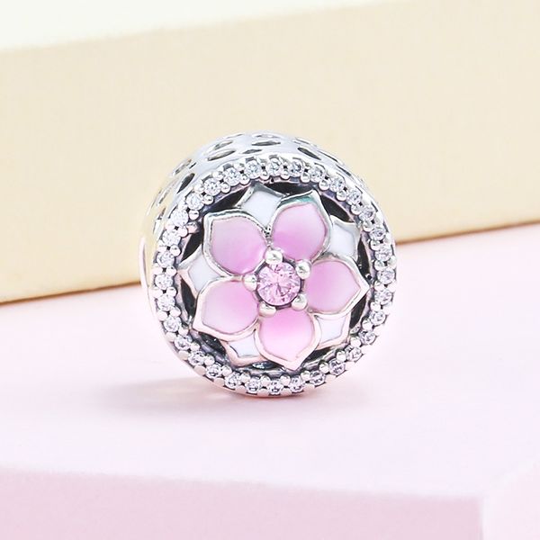 Charme de fleur de magnolia rose avec boîte d'origine pour Pandora Bracelet en argent sterling Bracelet Femmes Filles Fabrication de bijoux Accessoires Charms Set Usine en gros