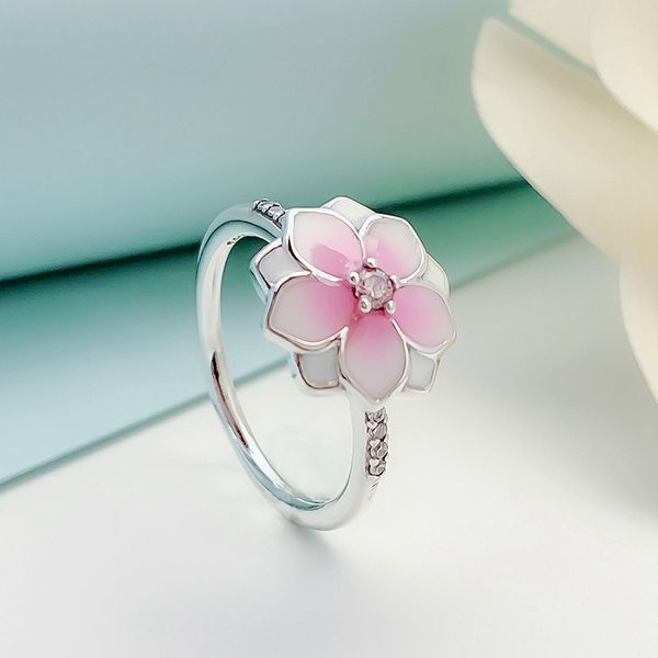 Anillo elegante de flor de magnolia rosa para Pandora Anillo de regalo de cumpleaños de mujer de diseñador de lujo de plata de ley 925 con caja original