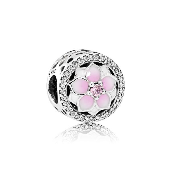 Pink Magnolia Flower Round Charm 925 Sterling Silver para Pandora Jewelry Snake Chain Bracelet Brazalete Collar Fabricación de componentes Sparkling Charms con caja original