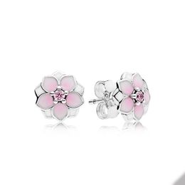 Roze Magnolia Stud -oorbellen Real Sterling Silver voor Pandora Wedding Designer Oorring Set sieraden voor vrouwen Vriendin Gift schattige bloemen oorrang met originele doos