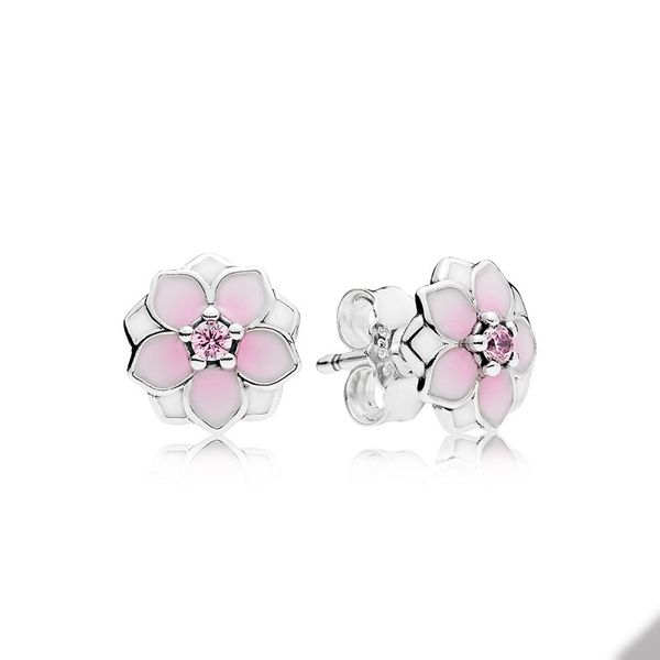 Pink Magnolia Stud Pendientes Plata de ley real para Pandora Diseñador de bodas Conjunto de aretes Joyas para mujeres Regalo de novia Aretes de flores lindas con caja original