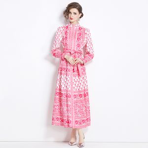 Pink Maxi Gedrukte jurk met riem, paleisstijl Standkraagfeestjurk, elegante Vestido met één borsten, lange mouw