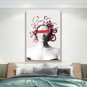 Pink Medusa Sculpture Canvas Poster Graffiti Art Canvas Painting Medusa Cover Face Creativity Wall Picture for Living Room Decor