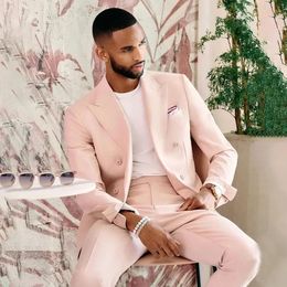 Pink Men At 2 stuks Jacket Pants Fashion Gentleman Hoogwaardige Rapel Double Breasted Blazer Set Elegant mannelijk pak 240430