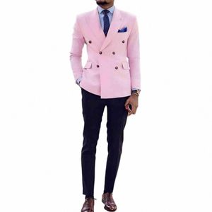 Roze Mannen Pakken Piekte Revers Double Breasted Prom Suits Slim Fit Mannen Tuxedos Bruidegom Wedding Suits voor Beste Mannen 2 stuks Pak N3AQ #
