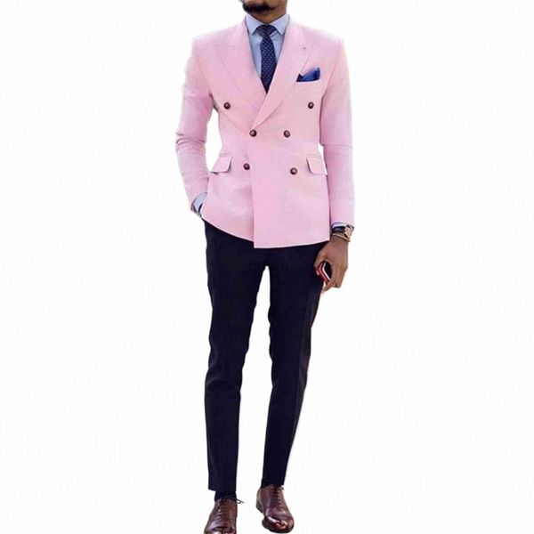 Rose Hommes Costumes Peaked Revers Double Boutonnage Costumes De Bal Slim Fit Hommes Tuxedos Marié Costumes De Mariage pour Les Meilleurs Hommes 2 Pièces Costume N3AQ #