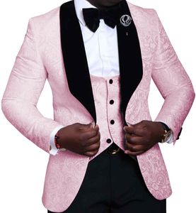 Roze herenpakken 3 stuks Floral Jacquard Black Sjaal Revroom Groomsmen Tuxedos voor Bruiloft Past Men (Blazer + Vest + Pants)