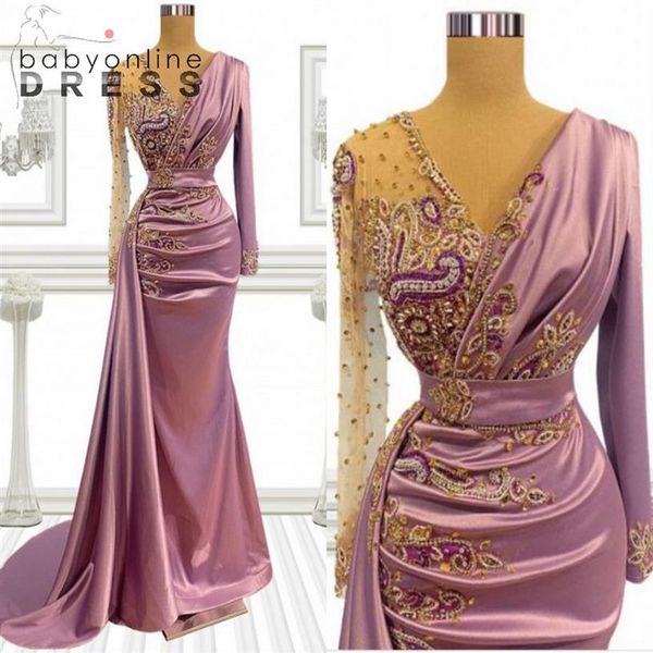 Vestidos de fiesta de noche de sirena rosa Listones Lentejuelas Manga larga con cuello en V Vestidos para ocasiones de fiesta con pliegues Volantes Vestido largo227O