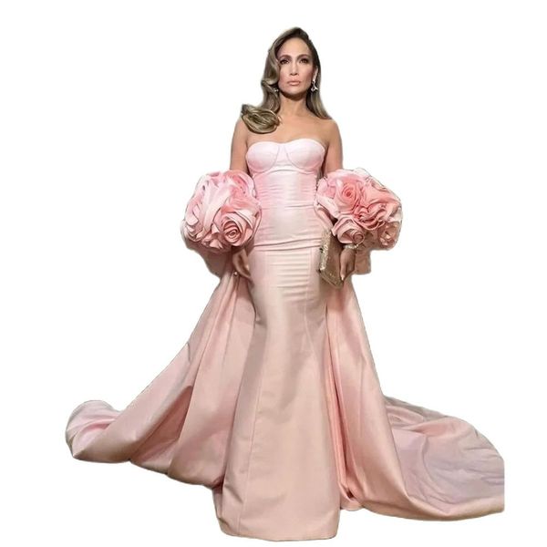 Sirène rose longues robes de soirée chérie fleurs artisanales cape robe de célébrité 2 pièces satin femmes robe ocn spécial