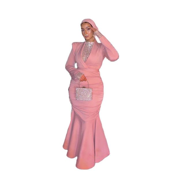 Vestidos de fiesta musulmanes de sirena rosa, cuello de lentejuelas, manga larga, Kafan, vestido formal, satén plisado, largo hasta el suelo, vestido de fiesta árabe de Dubai
