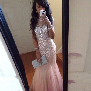 Roze Mermaid Pageant Prom Jurken Goedkope 2022 Sheer Neck Bling Crystal Rhinestones Hollow Back With Rits Long Tule Avond Formele Towns