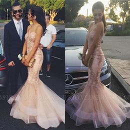 Pink Mermaid Prom Dresses 2022 Sexy Backless Sweetheart Beads Lentejuelas Apliques Ruched Ruffle Vestidos de noche largos Junior Graduatio2427