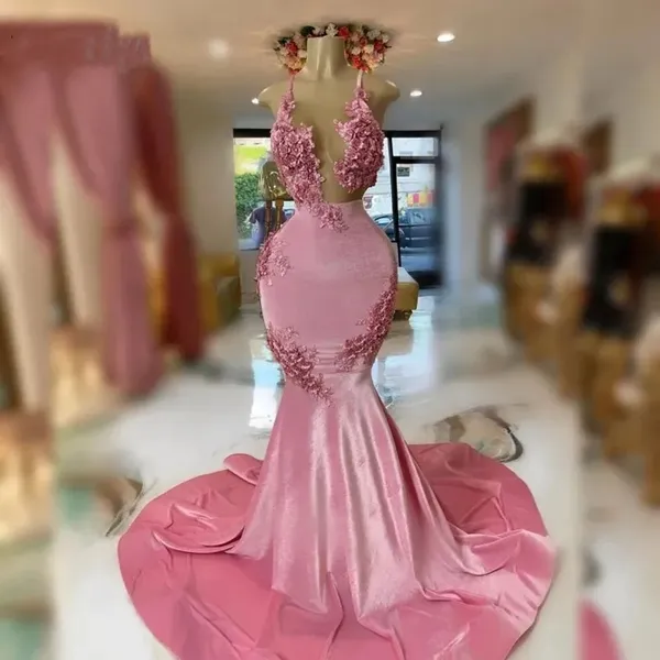 Robe De bal sirène rose, noire, col licou, robes De fête d'anniversaire, 2024