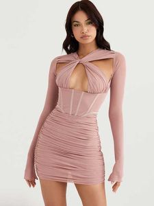 Roze mesh ruches bodycon corset jurken voor vrouwen zomer zomer lange mouw club feestkleding mooie dadels outfits vestidos