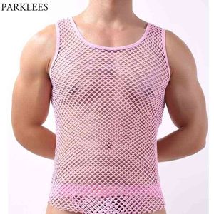 Pink Mesh See Through Fishnet Tank Top Hombres Sexy Perspectiva Sin mangas Ajustado Muscle Top Hombre Bodybuilding Top Tees XL 210522