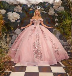 Robes de quinceanera mexicaine rose robe de bal sur l'épaule appliques en tulle gonfy charro sweet 16 robes 15 anos