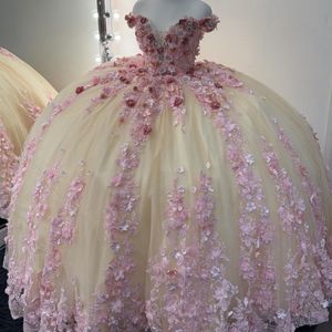 Robes de Quinceanera mexicaines roses, faites à la main, motif Floral 3D, perles appliquées, princesse d'anniversaire, robes de bal formelles, XV Anos