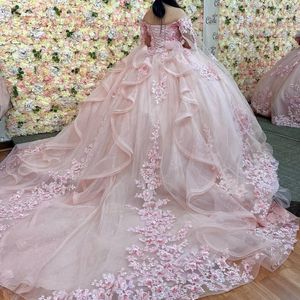 Rose Mexicain Robes De 15 Quinceanera Applique Dentelle Chérie Hors Épaule Robe De Bal Doux 16 Anniversaire Robe De Quinceanera Gala