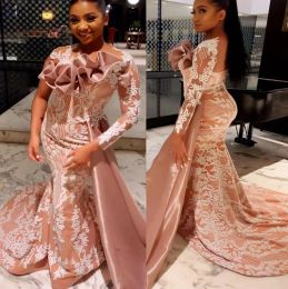 Pink Modest árabe ASO EBI Prom Gowns Lace Mermaid Lace African Nigeria Vestidos de noche Party Party Pageant Destino de la segunda recepción del invitado Am048