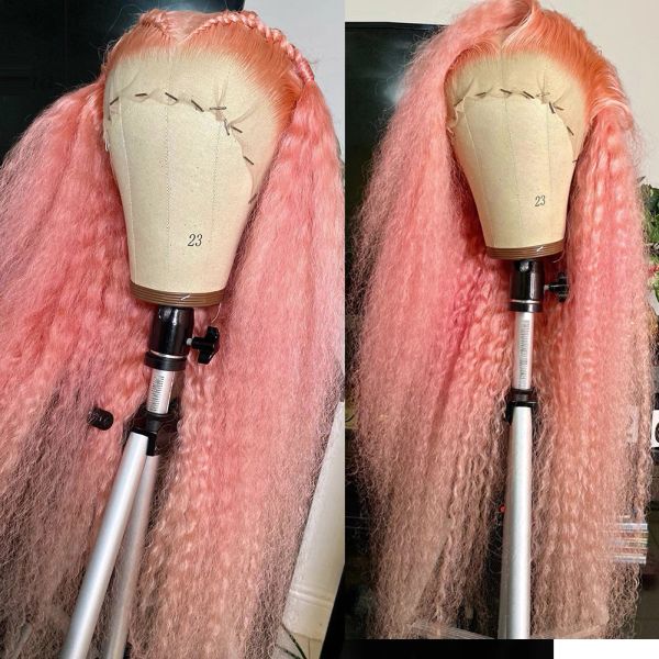 Pink New Curly Human Hair HD Transparente 13x4 Pelera frontal de onda profunda Camino delantero de encaje sintético para mujeres S