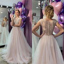Roze nieuwste 2020 blush elegante korte jurken afgedekte mouwen kanten kanten batau necy nek sweep trein landelijke bruiloft jurk