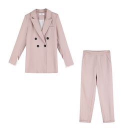 Rose Notch Col Simple Bouton Blazer Pantalon Costume Deux Pièces Dépouillé Ensemble Bureau Lady Femmes T0266 210514