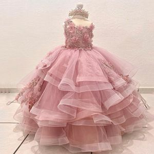 Roze o-neck bloemenmeisjes jurk mouwessprincess ball jurk applique kristallen kralen 3dflower tull vestidos para ninas